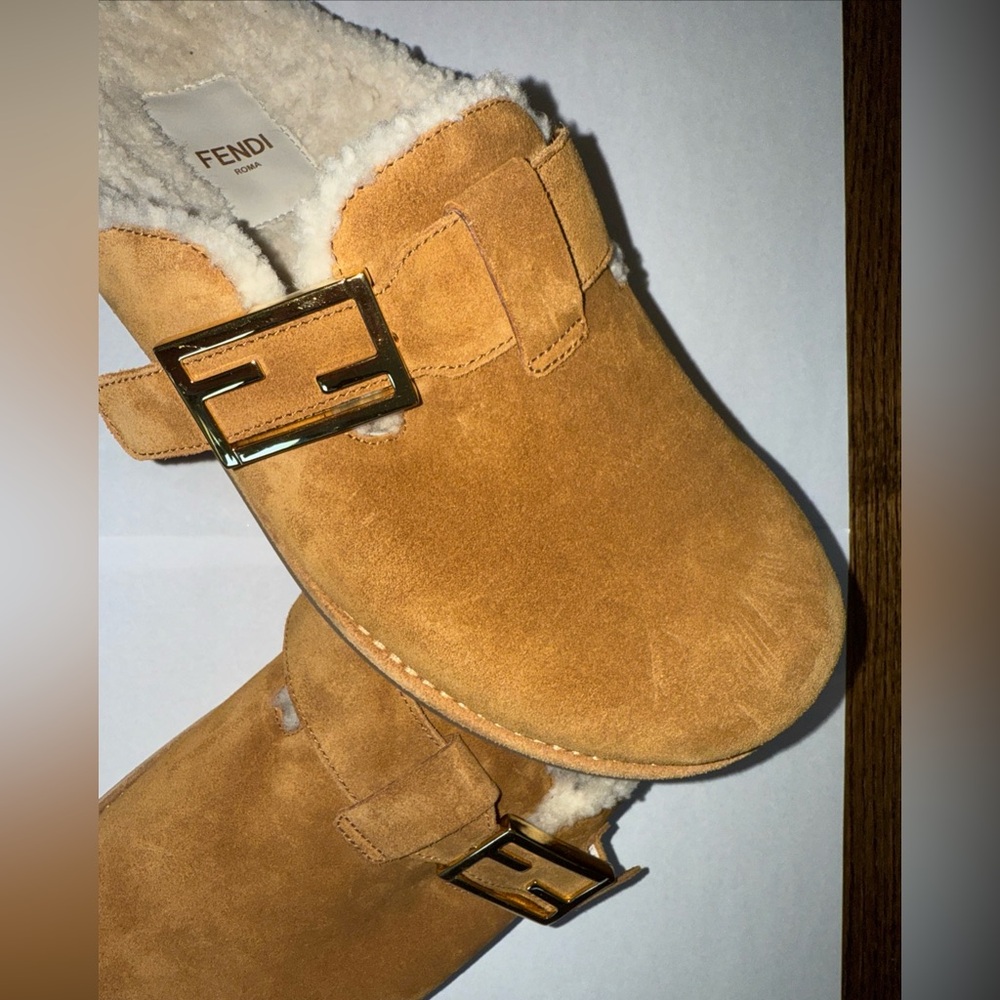 Fendi Brown Suede Shearling Lined Mules - Picture 4 of 15